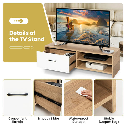 Super Elegant and Modern TV Stand with 2 Open Shelves and Drawer