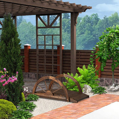 Multifunction Outdoor Bridge with Half-Wheel Side Rails in Rustic Brown