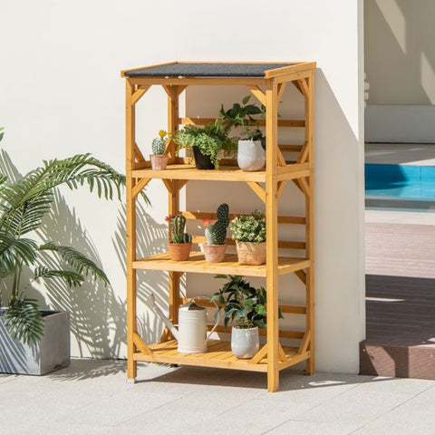 Outdoor 3 Tier Wooden Plant Stand with Storage Shelves