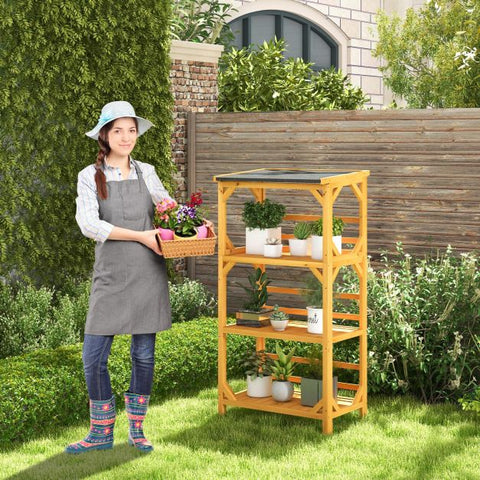 Outdoor 3 Tier Wooden Plant Stand with Storage Shelves