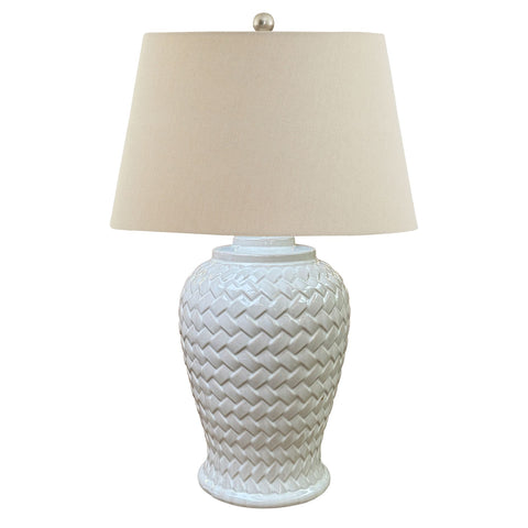 Elegant Linen Shade Lamp with Handcrafted Woven Ceramic Base