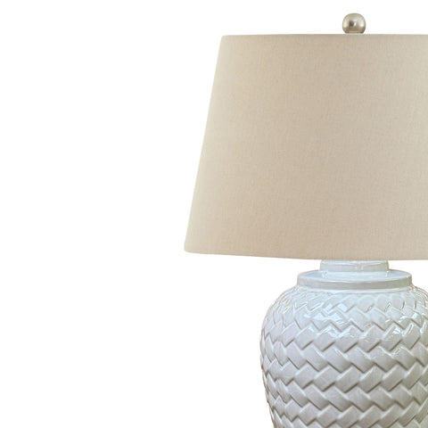 Elegant Linen Shade Lamp with Handcrafted Woven Ceramic Base