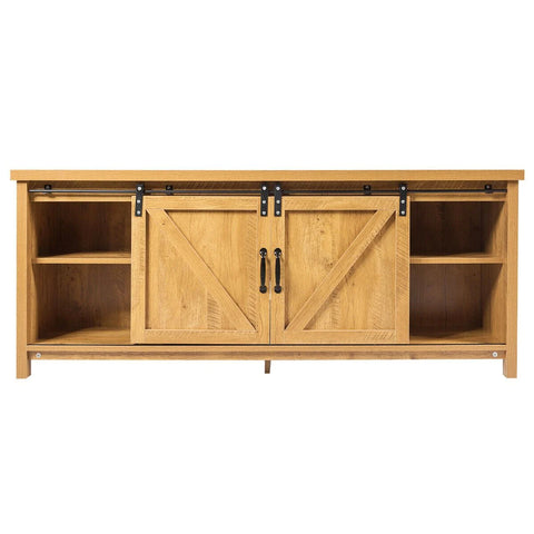 Elegant and Rustic TV Stand with Ample Storage and Functional Barn Doors