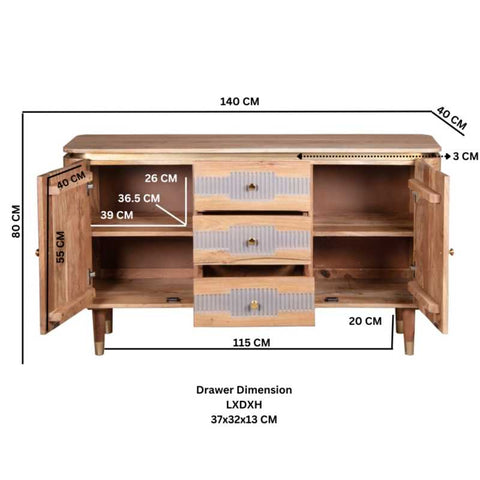 Natural and Rustic Solid Acacia Sideboard with Lacquered Finish and Ample Storage
