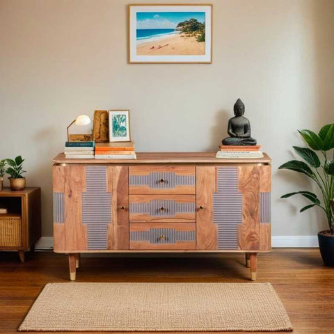 Natural and Rustic Solid Acacia Sideboard with Lacquered Finish and Ample Storage