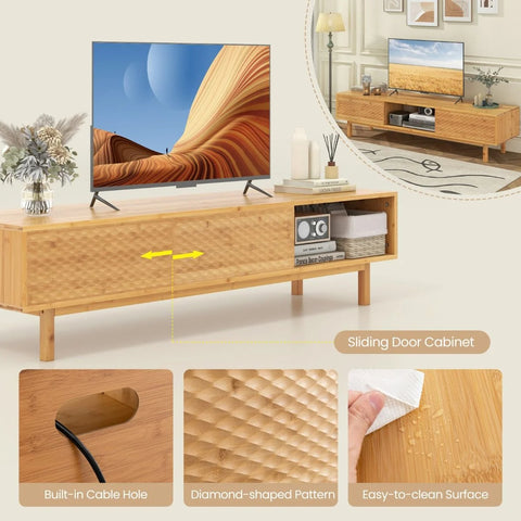 Charming and Versatile Bamboo TV Stand with Mid-Century Design and 70” TV Capacity