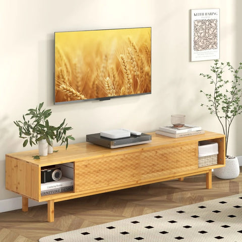 Charming and Versatile Bamboo TV Stand with Mid-Century Design and 70” TV Capacity