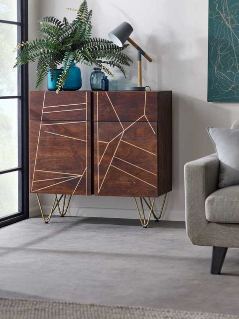 Modern Contemporary Mango Wood Sideboard with Creative Detailing and Metal Legs