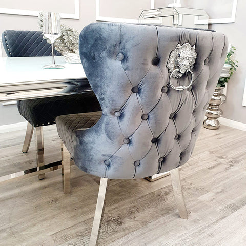 Classic Buttoned Dining Chair with Lion Knocker and Elegant Chrome Legs