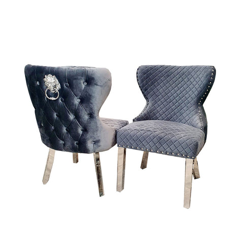Classic Buttoned Dining Chair with Lion Knocker and Elegant Chrome Legs