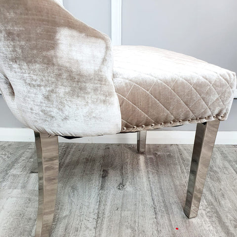 Classic Buttoned Dining Chair with Lion Knocker and Elegant Chrome Legs
