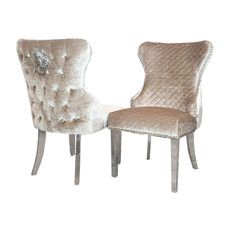 Classic Buttoned Dining Chair with Lion Knocker and Elegant Chrome Legs