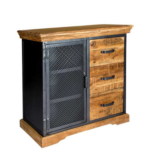 Handmade Industrial Style Sideboard with 1 Door and 3 Drawers in Up-cycled Wood, Metal and Iron