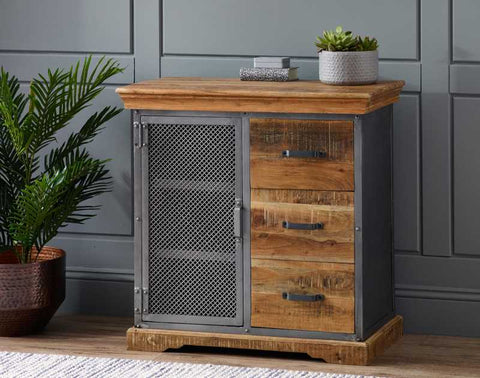 Handmade Industrial Style Sideboard with 1 Door and 3 Drawers in Up-cycled Wood, Metal and Iron