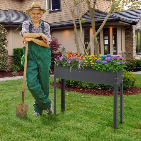 Garden Elevated Planter Box with Metal Frame and Drainage in Black