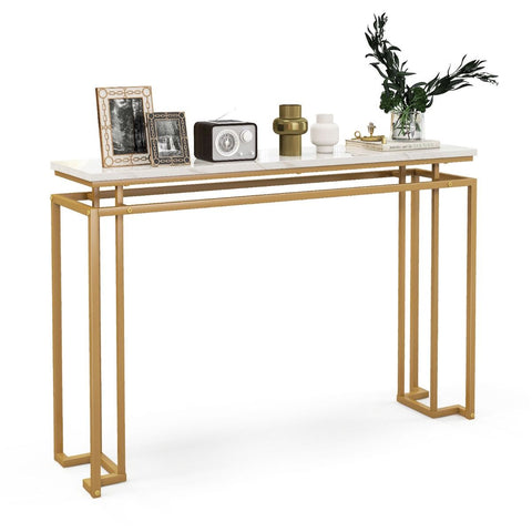 Stylish Gold Framed Entryway Console Table with Faux Marble Table Top in White