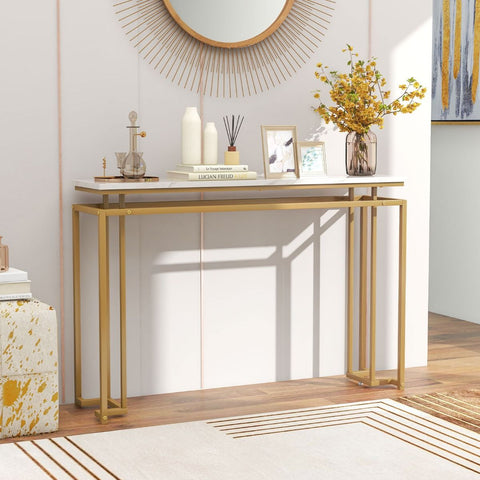 Stylish Gold Framed Entryway Console Table with Faux Marble Table Top in White
