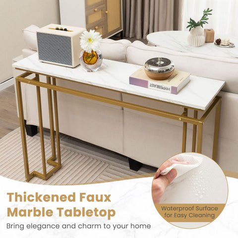 Stylish Gold Framed Entryway Console Table with Faux Marble Table Top in White