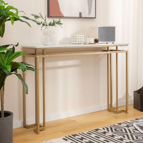 Stylish Gold Framed Entryway Console Table with Faux Marble Table Top in White