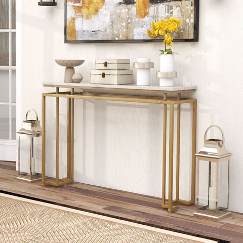 Stylish Gold Framed Entryway Console Table with Faux Marble Table Top in White