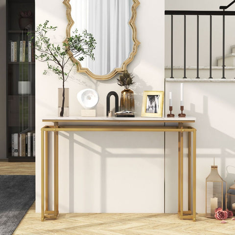 Stylish Gold Framed Entryway Console Table with Faux Marble Table Top in White