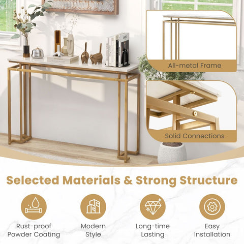 Stylish Gold Framed Entryway Console Table with Faux Marble Table Top in White