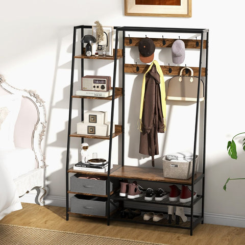 Versatile Freestanding Coat Stand with Integrated Storage Shelves and Drawers