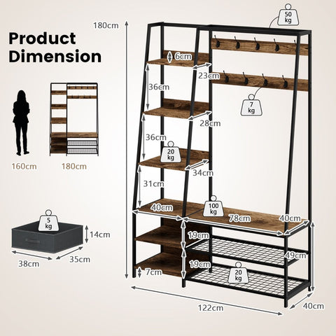 Versatile Freestanding Coat Stand with Integrated Storage Shelves and Drawers