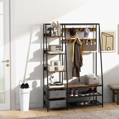 Versatile Freestanding Coat Stand with Integrated Storage Shelves and Drawers