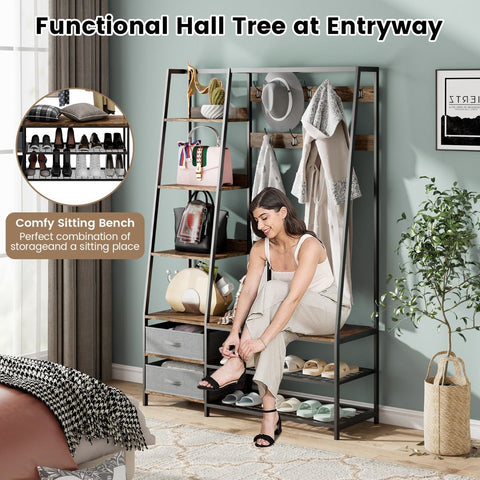 Versatile Freestanding Coat Stand with Integrated Storage Shelves and Drawers
