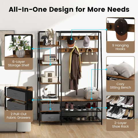 Versatile Freestanding Coat Stand with Integrated Storage Shelves and Drawers
