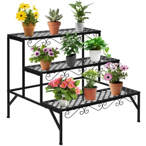 Garden 3 Tier Flower Plant Stand with Steel Frame in Black