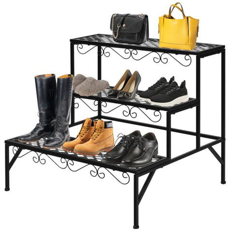 Garden 3 Tier Flower Plant Stand with Steel Frame in Black