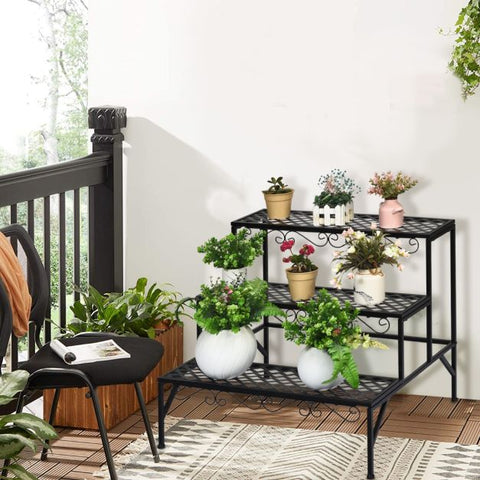 Garden 3 Tier Flower Plant Stand with Steel Frame in Black