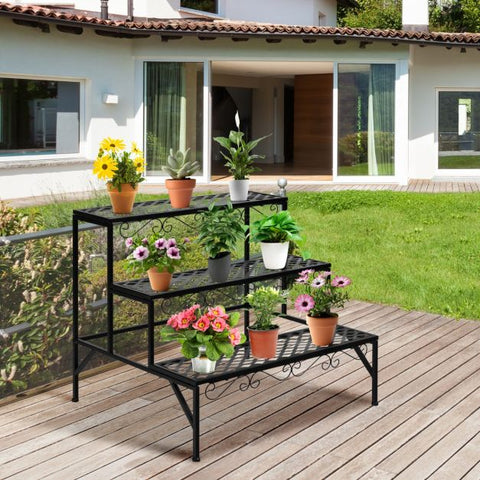 Garden 3 Tier Flower Plant Stand with Steel Frame in Black