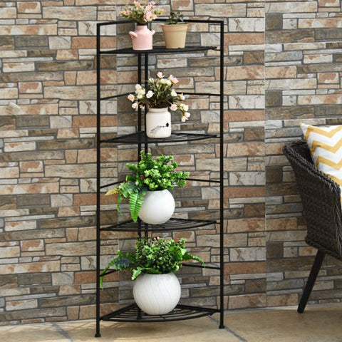 Patio 4 Tier Steel Frame Plant Stand with Foldable Design in Black