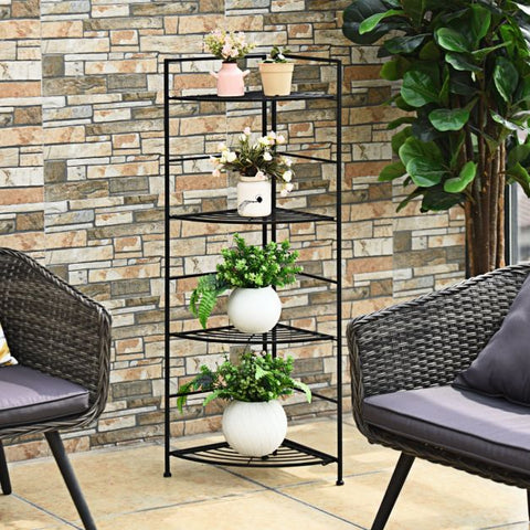 Patio 4 Tier Steel Frame Plant Stand with Foldable Design in Black
