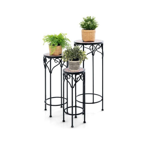 Garden Metal Plant Stand Set with Mosaic Design and Ceramic Top in Black