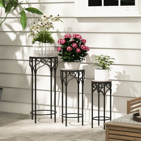Garden Metal Plant Stand Set with Mosaic Design and Ceramic Top in Black