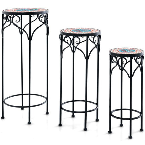 Garden Metal Plant Stand Set with Mosaic Design and Ceramic Top in Black