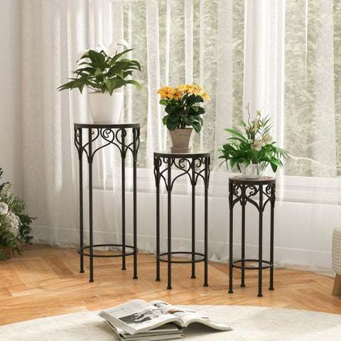 Garden Metal Plant Stand Set with Mosaic Design and Ceramic Top in Black