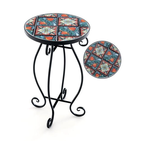Garden Metal Plant Stand with Mosaic Design and Ceramic Top
