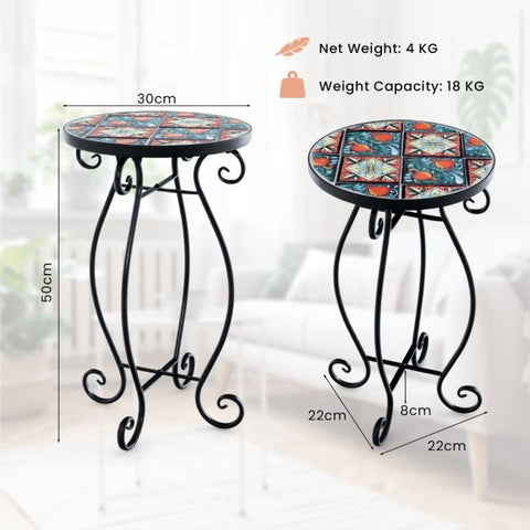 Garden Metal Plant Stand with Mosaic Design and Ceramic Top