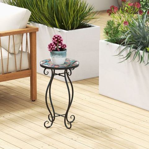 Garden Metal Plant Stand with Mosaic Design and Ceramic Top