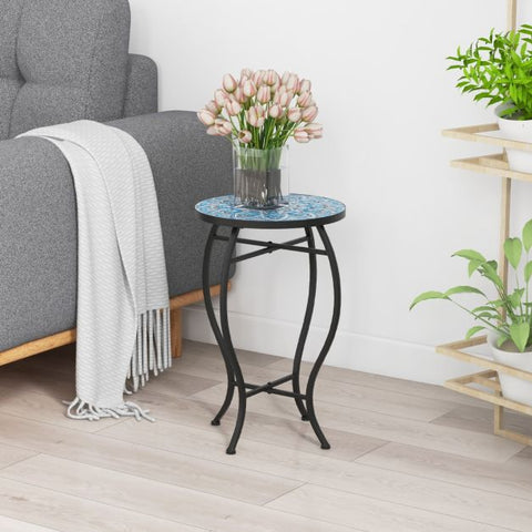 Patio Round End Table with Mult-Functional Design and Ceramic Tile Top