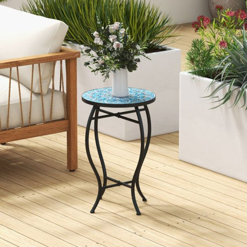 Patio Round End Table with Mult-Functional Design and Ceramic Tile Top
