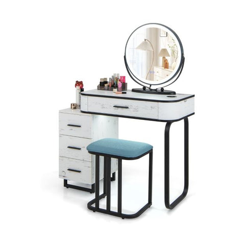 Interactive Dressing Table with Circular Mirror, Charging Station and Stool Model 1