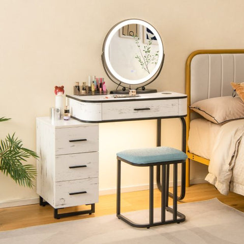 Interactive Dressing Table with Circular Mirror, Charging Station and Stool Model 1
