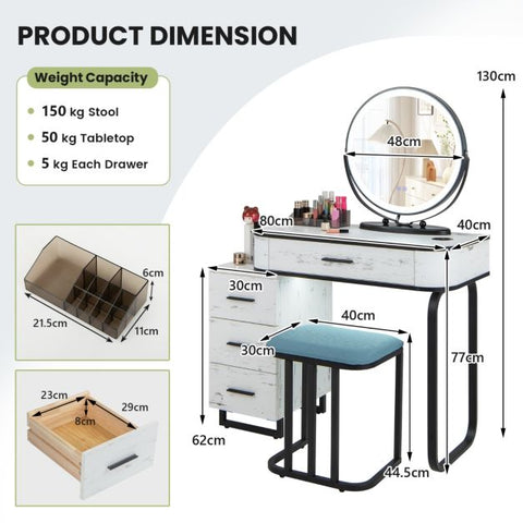 Interactive Dressing Table with Circular Mirror, Charging Station and Stool Model 1