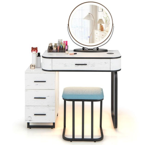Interactive Dressing Table with Circular Mirror, Charging Station and Stool Model 1